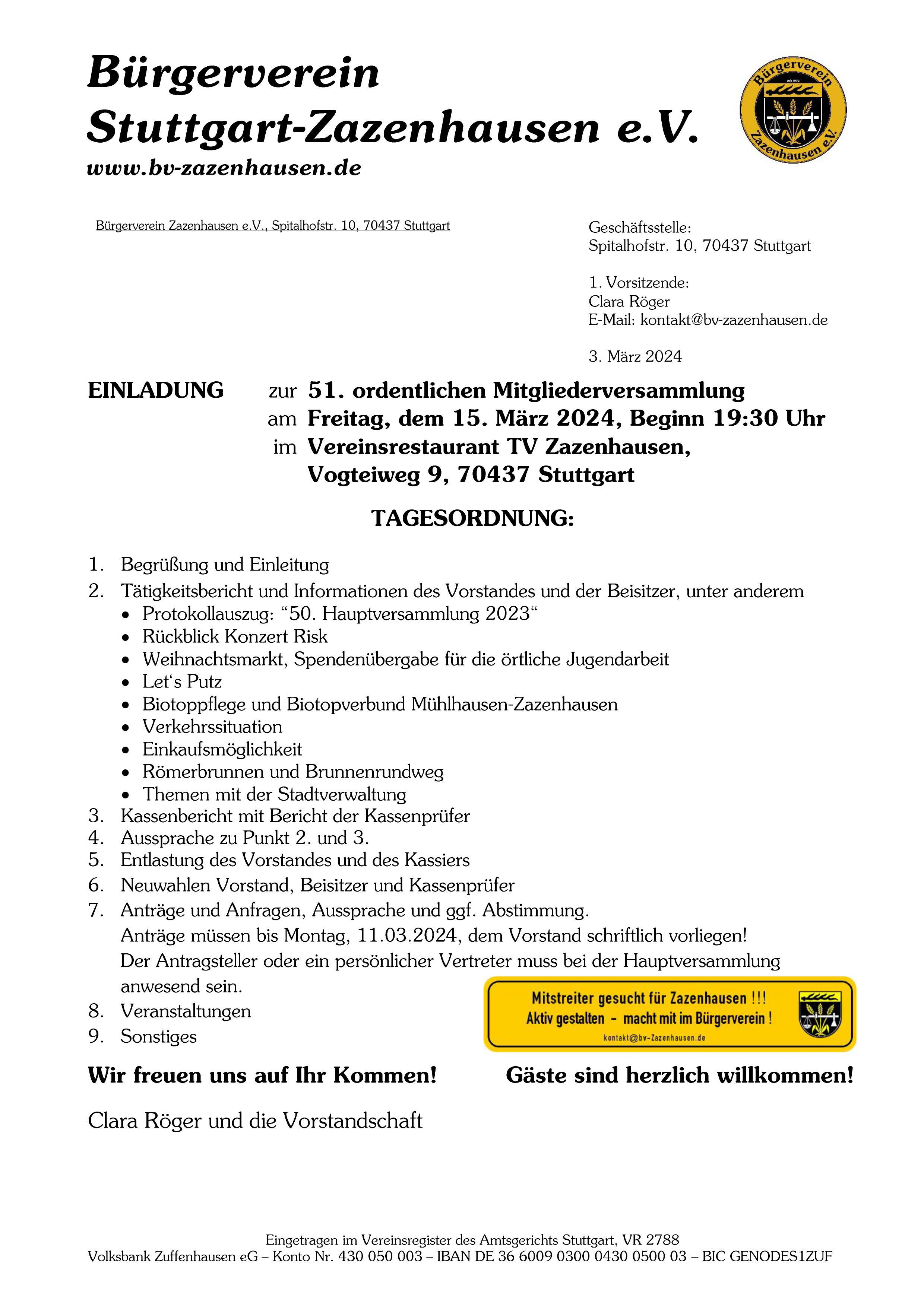 Einladung HV BV Zazenhausen